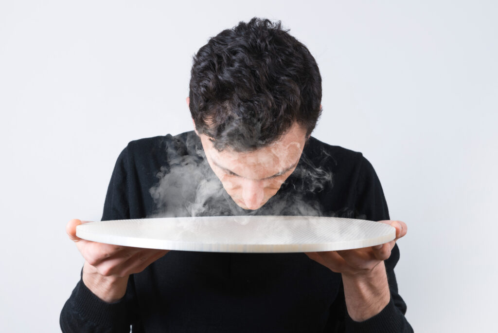 Breathe In/Breathe Out (2019) is an artificial diffuser with natural incense created in collaboration with German architect Moritz Maria Karl. It was presented at Milan Design Week and all of the exhibition booth installations were also made of bioplastics. © Adam Šakový