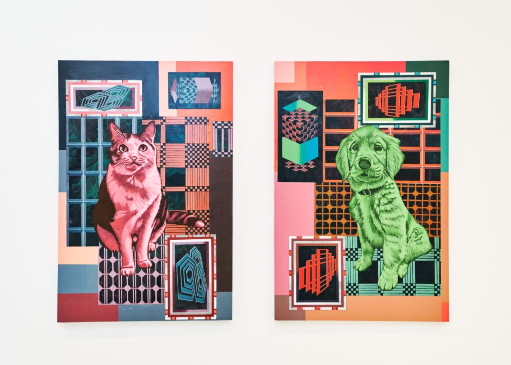 Defaced Vitrine Series Each 61 cm (width) × 91.5 cm (height) × 3 cm (depth), acrylic painting and pen drawing on wood panel, 2025, 2GIL29 Gallery, Seoul, South Korea, 2025